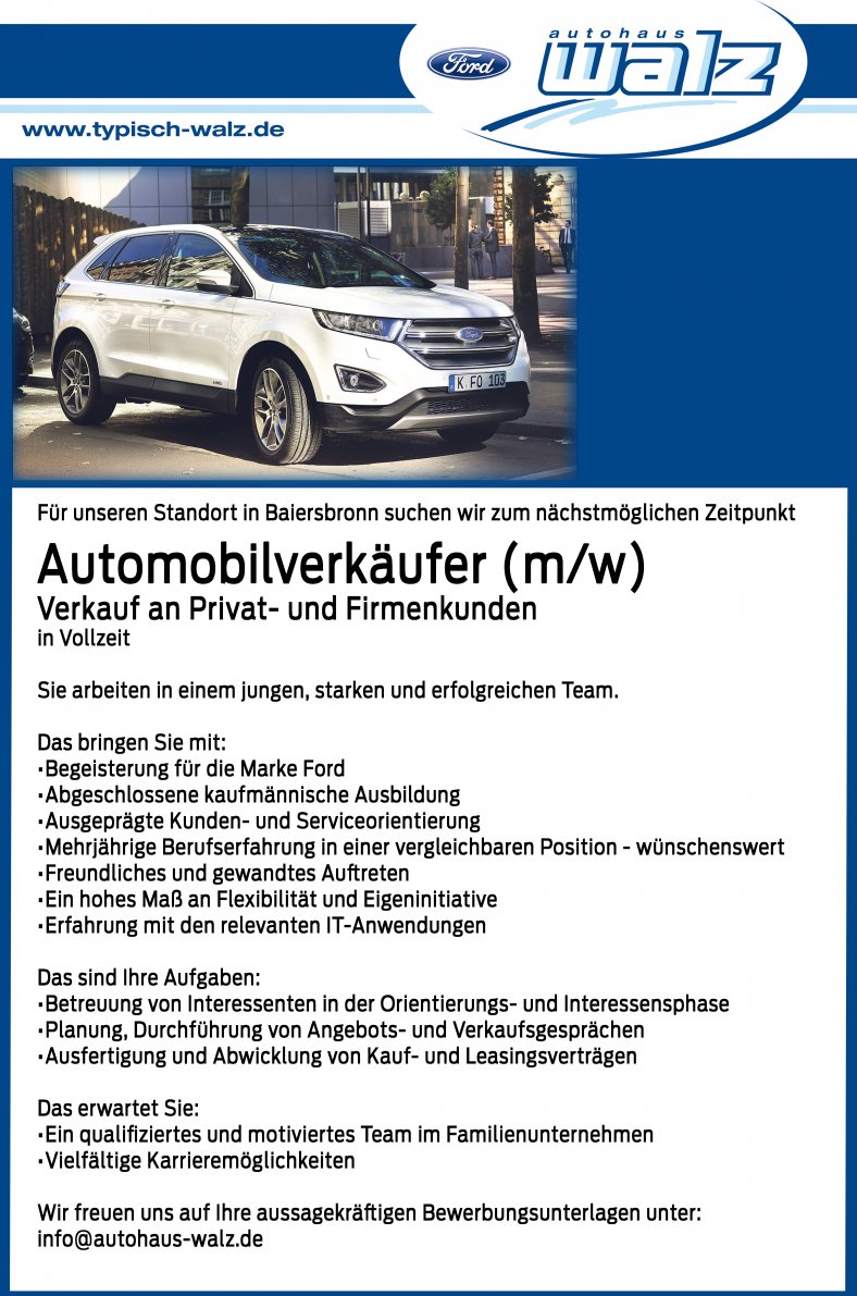 Automobilverkäufer für Baiersbronn gesucht Automobilverkäufer für Baiersbronn gesucht