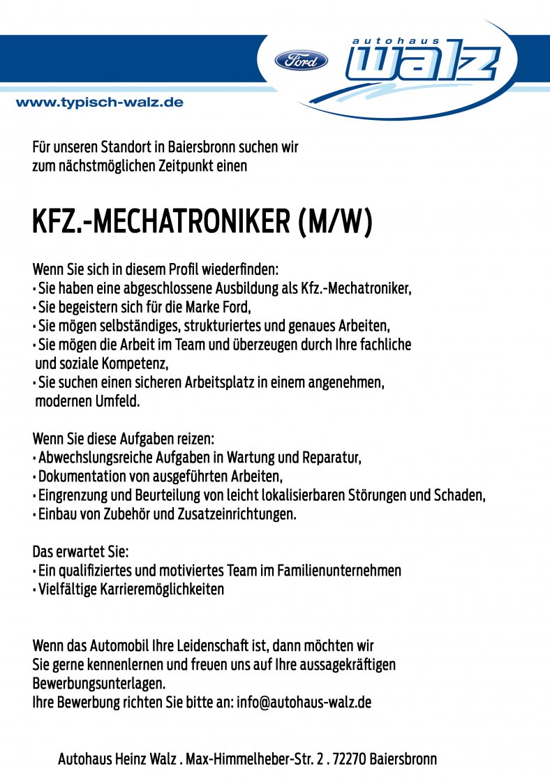 Stellenangebot Kfz-Mechatroniker Stellenangebot Kfz-Mechatroniker