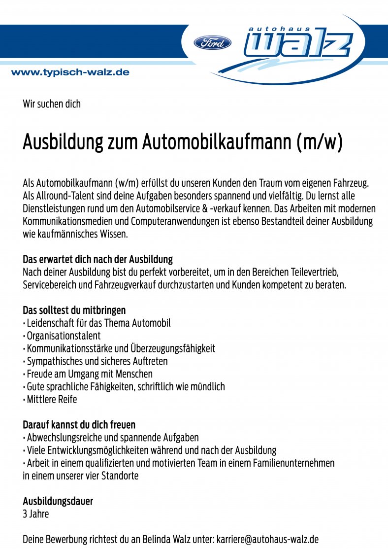 Ausbildung zum Automobilkaufmann (m/w) Ausbildung zum Automobilkaufmann (m/w)