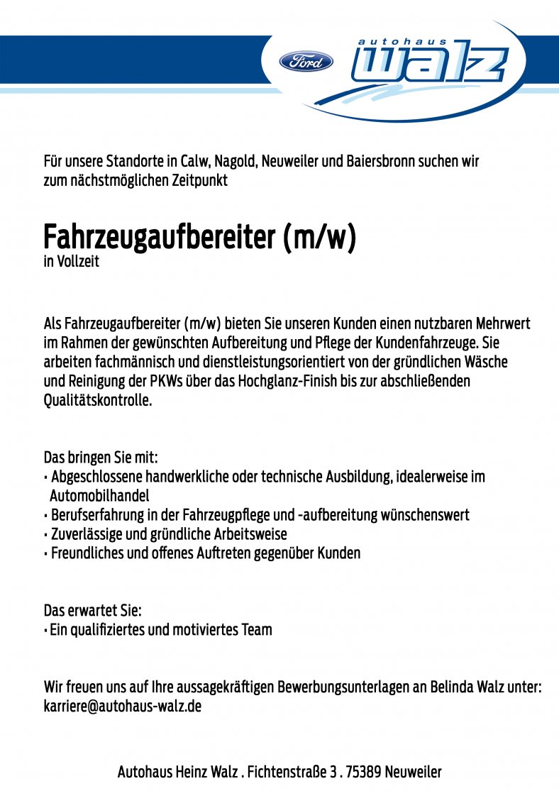 Fahrzeugaufbereiter (m/w) gesucht Fahrzeugaufbereiter (m/w) gesucht