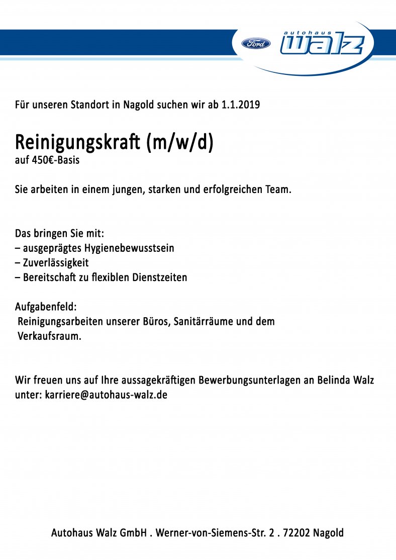 Reinigungskraft für Nagold gesucht Reinigungskraft für Nagold gesucht