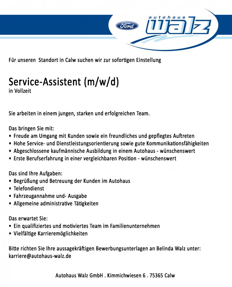 Serviceassistentin für Calw gesucht