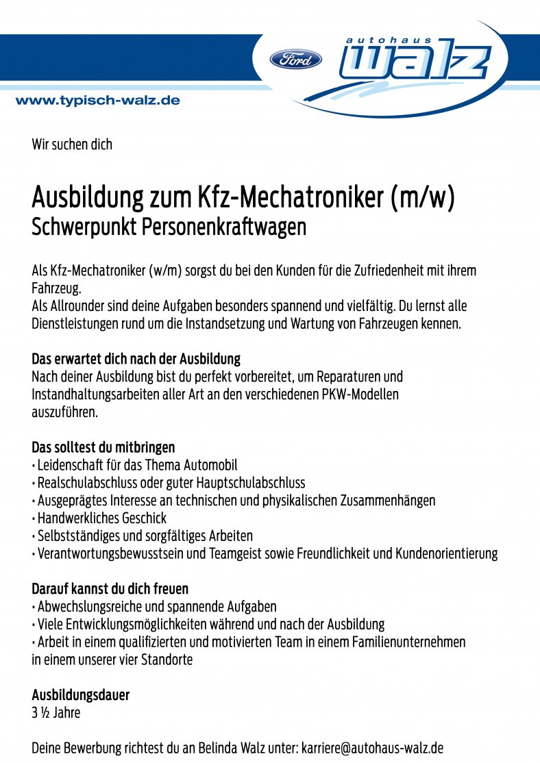 Ausbildung zum Kfz-Mechatroniker (m/w) Ausbildung zum Kfz-Mechatroniker (m/w)