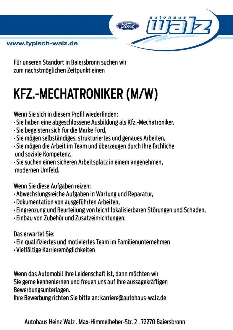 Kfz.-Mechatroniker für Baiersbronn gesucht Kfz.-Mechatroniker für Baiersbronn gesucht