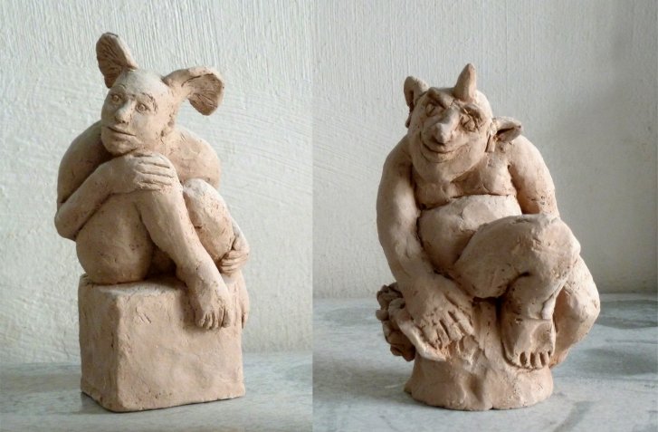 Nymphe und Satyr Nymphe und Satyr Skulpturen-Modelle, gestaltet von Kaharina Hochhaus, Bildhauerin aus Köln.