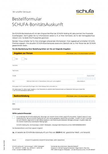 Bestellformular Schufa Bonitätsauskunft